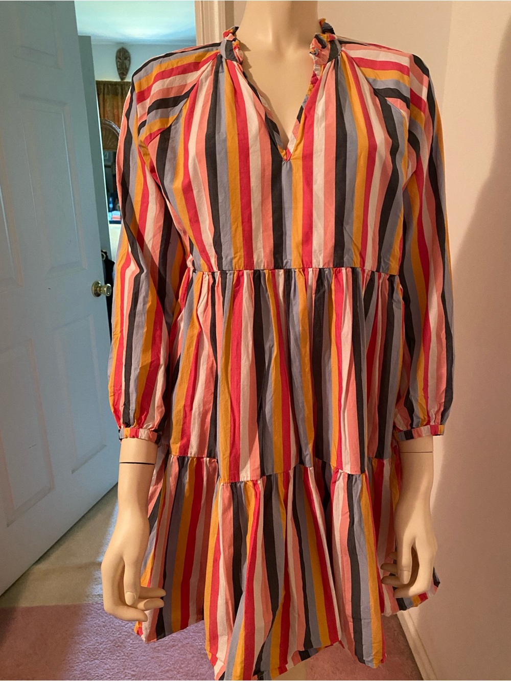 J. Crew Striped Tiered Long-Sleeve Dress in Pink, Yellow & Gray